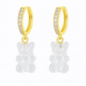 Clear Gummy Bear Hoop Earrings | Resin Bear Charm | Gold Plated Zircon Hoops